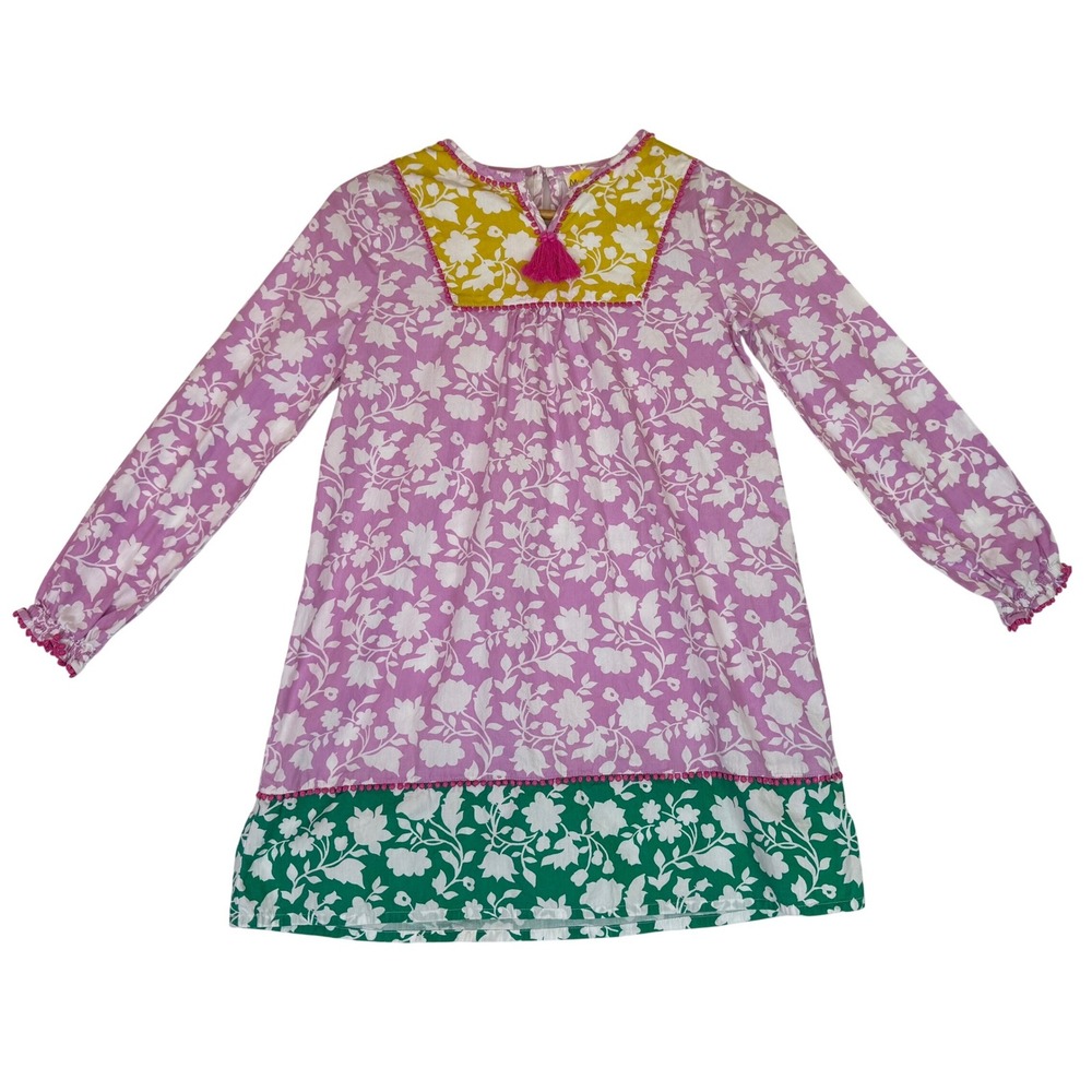 Mini Boden Pink/Green/White Floralโ Shift Dress Tassel Pompom Trim Sz 9-10Y